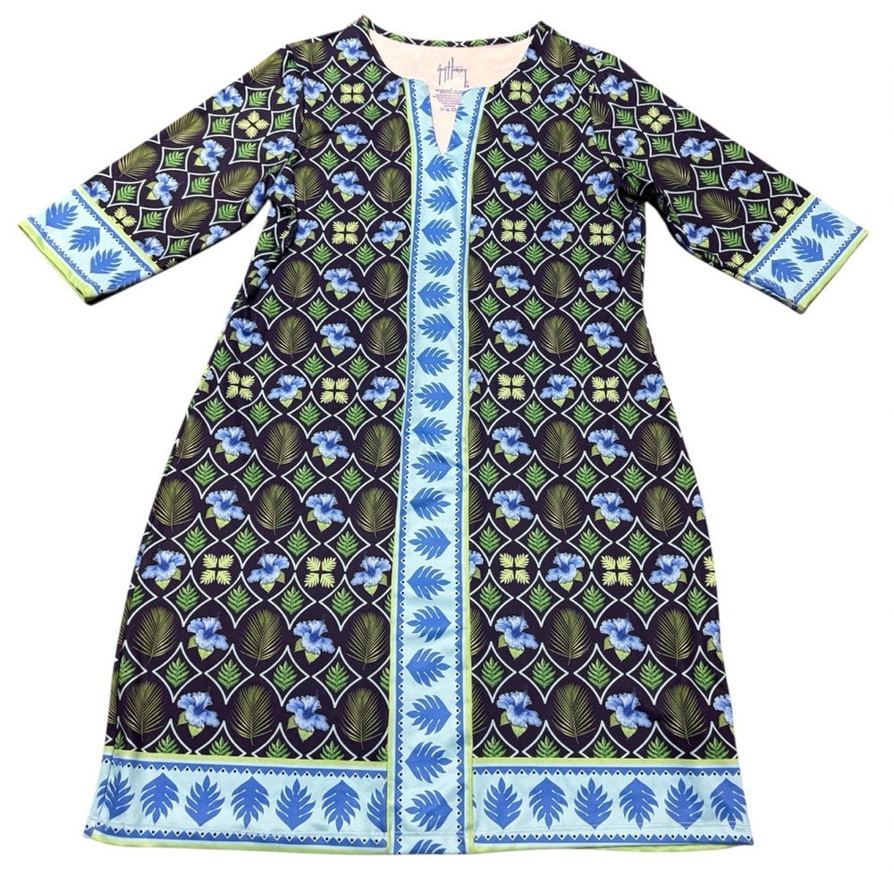 Guy Harvey Green Blue Geometric Print Shift Dress 3/4 Sleeve Size Large Stretch